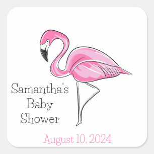 Sticker Carré Flamant rose rose Baby shower personnalisé