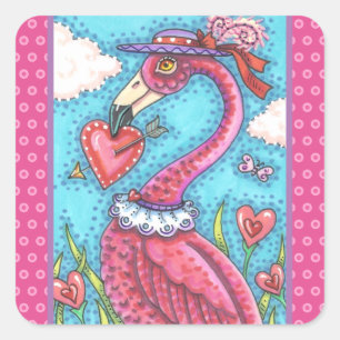 Sticker Carré Flamant rose ROSE COEURS DE VALENTINE, INSÉPARABLE