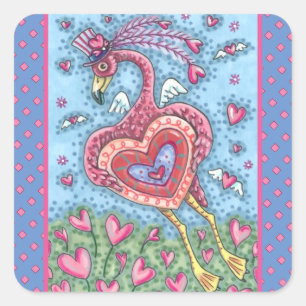 Sticker Carré Flamant rose ROSE CUPIDE ET COEURS DE VOL VALENTIN