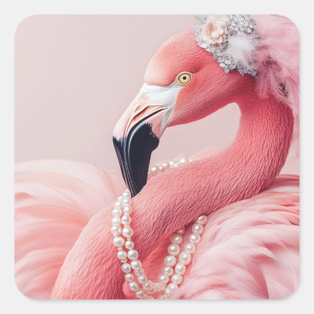 Sticker Carré Flamant rose rose élégant avec perles et plumes (Devant)