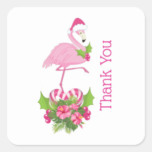 Sticker Carré Flamant rose rose en Merci lunaire de Santa Hat