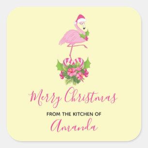Sticker Carré Flamant rose rose en Santa Hat Whimsical Kitchen