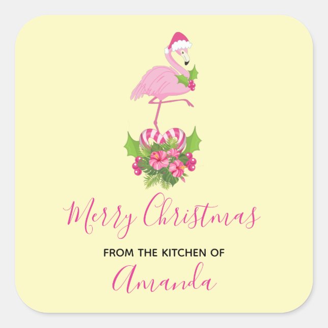 Sticker Carré Flamant rose rose en Santa Hat Whimsical Kitchen (Devant)