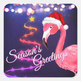 Sticker Carré Flamant rose rose Festive Tropical Beach Noël