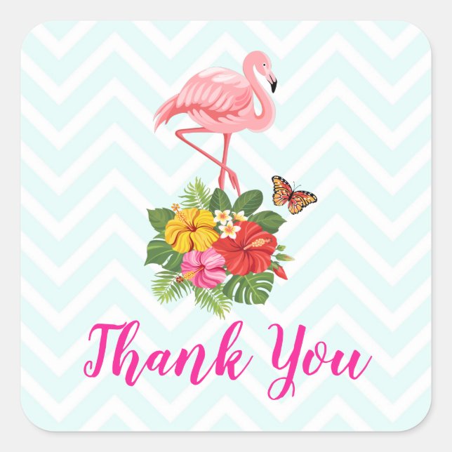 Sticker Carré Flamant rose rose & Hibiscus Tropical Merci fantai (Devant)