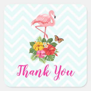 Sticker Carré Flamant rose rose & Hibiscus Tropical Merci fantai