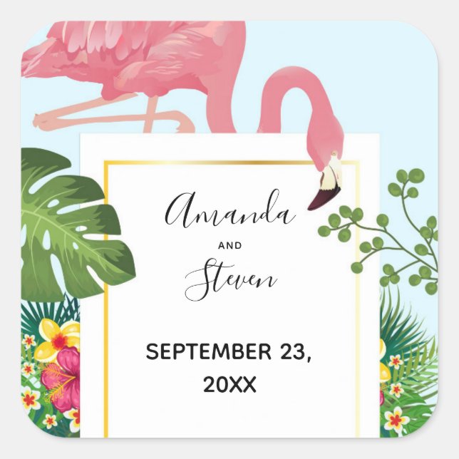 Sticker Carré Flamant rose rose mignon Tropical Thème Mariage (Devant)