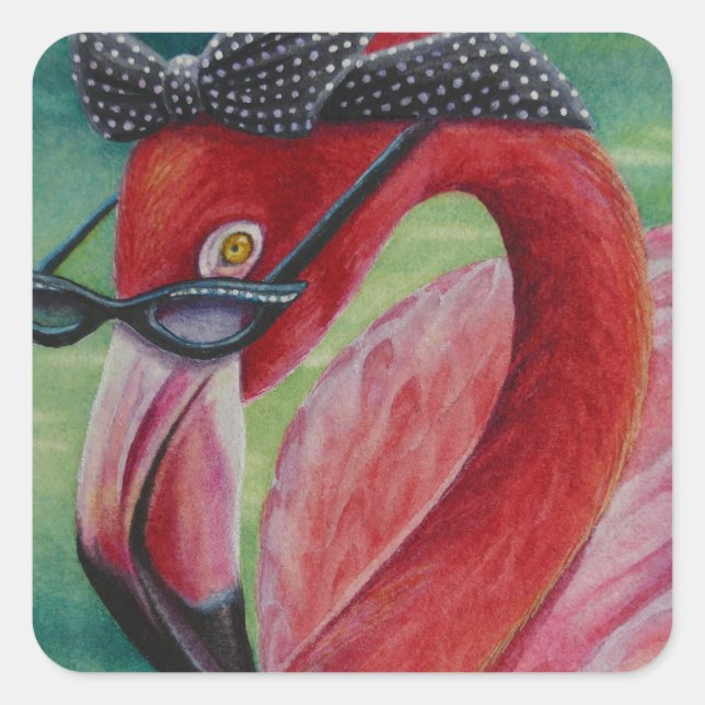 Sticker Carré Flamant rose rose rétro glamour no 1 aquarelle Art (Devant)