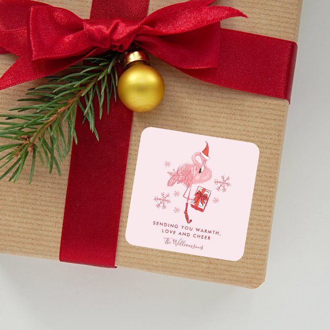 Sticker Carré Flamant rose rose Tropical Noël Aquarelle (Pink Flamingo Tropical Christmas Watercolor Square Sticker)