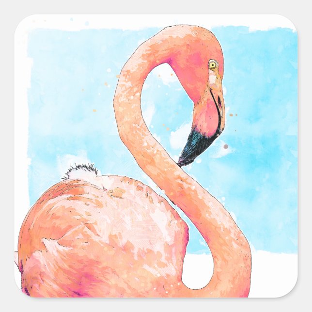 Sticker Carré Flamant rose Saint-Valentin aquarelle (Devant)