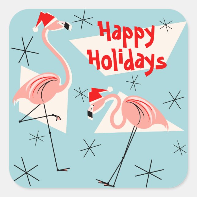 Sticker Carré Flamant rose Santas Blue Happy Holidays carré auto (Devant)