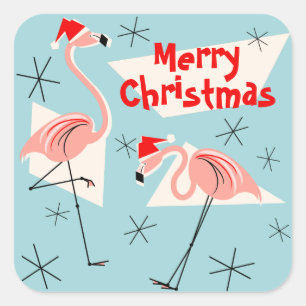 Sticker Carré Flamant rose Santas Blue Joyeux carré de Noël