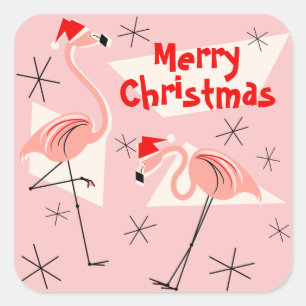 Sticker Carré Flamant rose Santas rose Joyeux carré de Noël