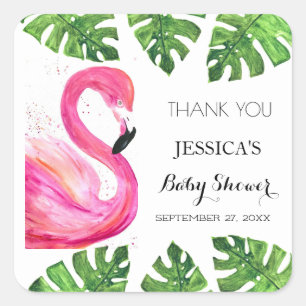 Sticker Carré Flamant rose Tropical Feuille Baby shower Party Fa