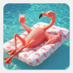 Sticker Carré Flamant se relaxant sur un matelas de piscine