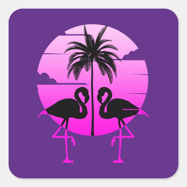 Sticker Carré Flamants Oiseaux Silhouette Rose (Devant)