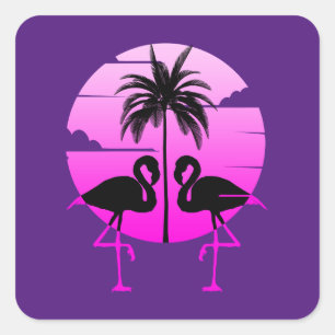 Sticker Carré Flamants Oiseaux Silhouette Rose