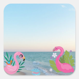 Sticker Carré Flamants roses côtiers avec rivage tropical