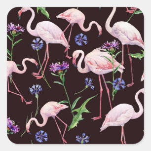 Sticker Carré Flamants roses et motif de fleurs sauvages à l'aqu