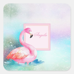 Sticker Carré Flamants roses modernes colorés et adorables