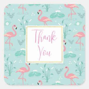 Sticker Carré Flamants roses rose pastel Merci Motif vert