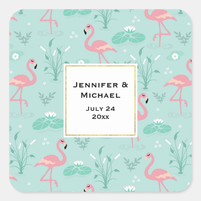 Sticker Carré Flamants roses rose pastel Motif vert Mariage Date (Devant)