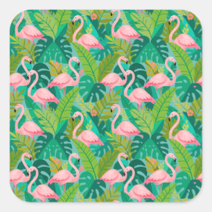 Sticker Carré Flamants roses tropicaux Feuillage de la jungle
