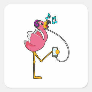Sticker Carré Flamingo at Music with Headphone