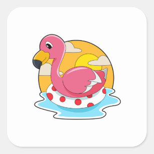 Sticker Carré Flamingo at Swimming with Lifebuoy