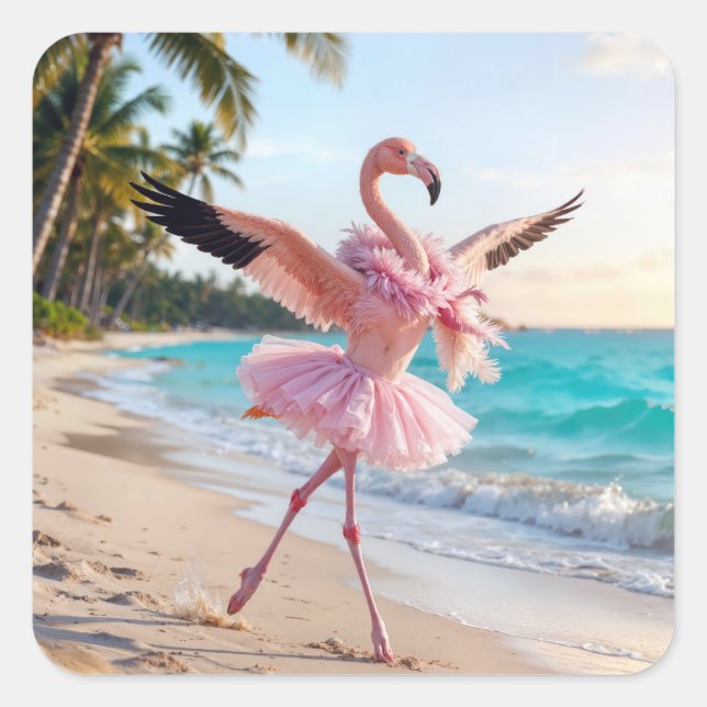 Sticker Carré Flamingo Ballerina In a Pink Tutu On the Beach (Devant)