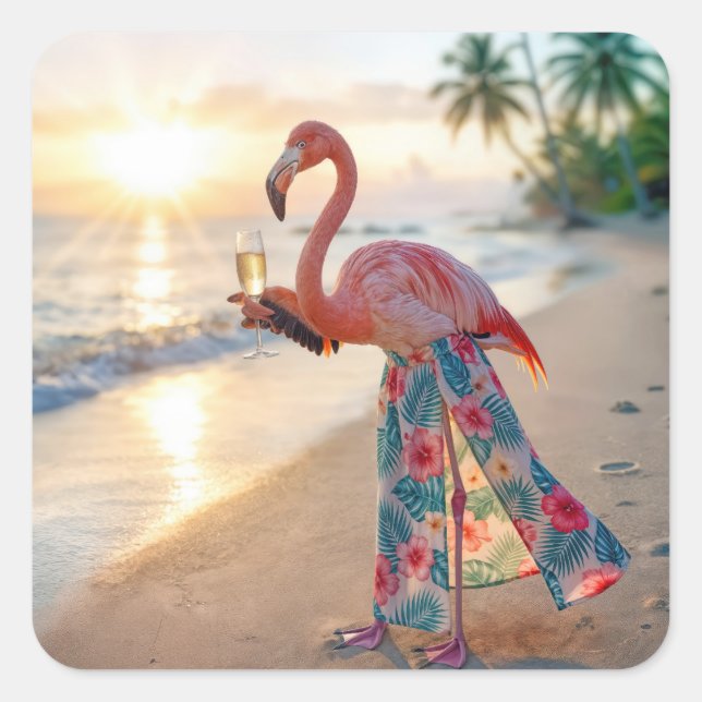 Sticker Carré Flamingo In a Skirt Holding a Champagne Flute (Devant)