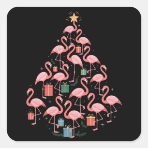 Sticker Carré Flamingo Rose Arbre de Noël Flamants Fêtes