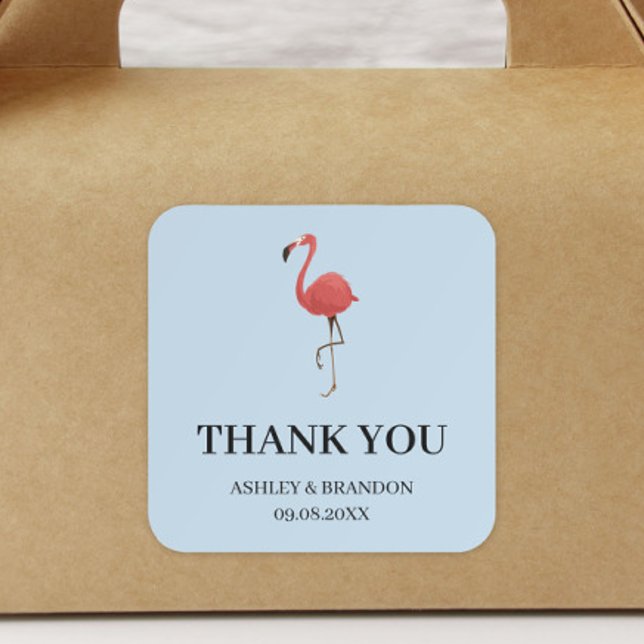 Sticker Carré Flamingo Tropics Blue and Pink Wedding Thank You (Créateur téléchargé)