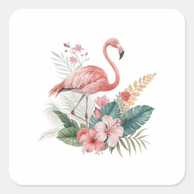 Sticker Carré Flamingo With Flowers (Devant)