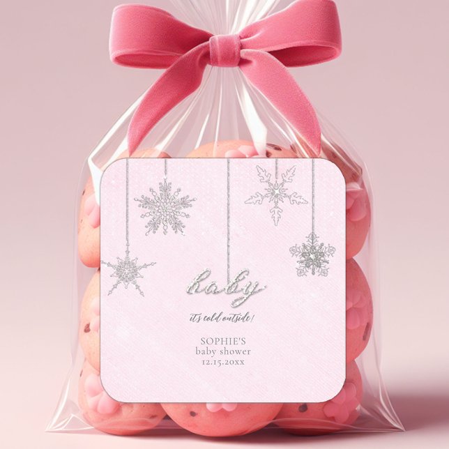 Sticker Carré Flammes de neige à l'extérieur de la Parties scint (baby cold outside pink christmas girl baby shower personalized sticker snowflakes rhinestone glitter)