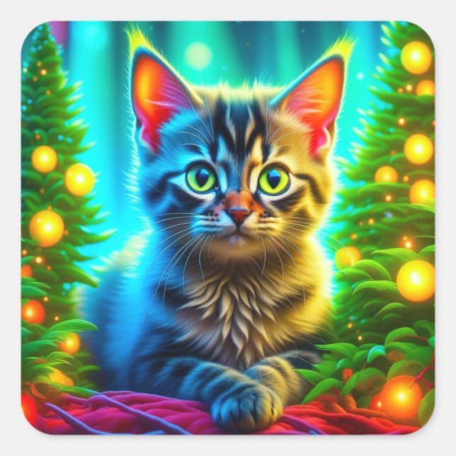 Sticker Carré Flammes de Noël pour chats et sapins (Devant)