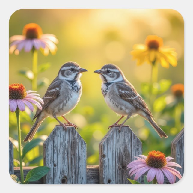 Sticker Carré Flèches et fleurs de cônes par une clôture en bois (Devant)