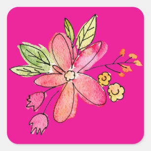 Sticker Carré Fleur Aquarelle sur rose néon