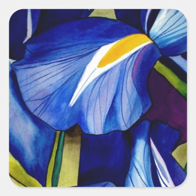 Sticker Carré Fleur bleue Iris peinture originale aquarelle (Devant)