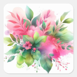 Sticker Carré Fleur botanique à l'aquarelle rose vert