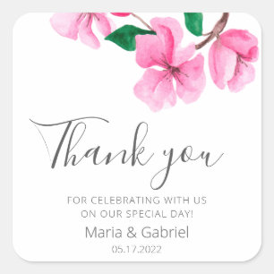 Sticker Carré Fleur de cerisier. Élégant Merci Mariage floral