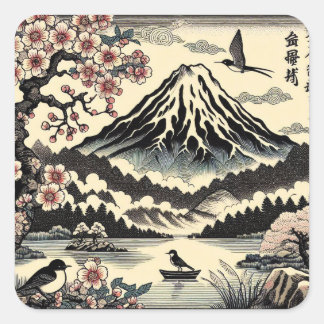 Sticker Carré Fleur de cerisier en bloc de bois japonais Soleil