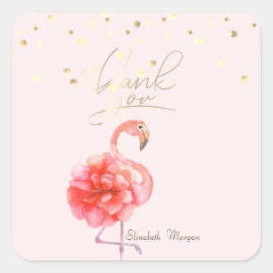 Sticker Carré Fleur de Flamingo Rose, Remerciement Confettis Dor