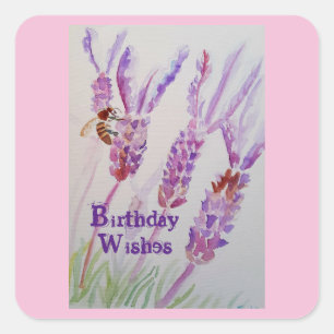 Sticker Carré Fleur de lavande et aquarelle d'abeille Anniversai