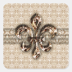 Sticker Carré Fleur de Lis d'or avec motif Damas de crème