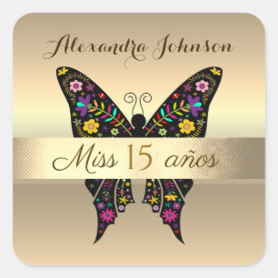 Sticker Carré Fleur de papillon mexicain noir or 15 ans