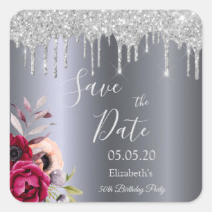 Sticker Carré Fleur de parties scintillant d'argent d'anniversai