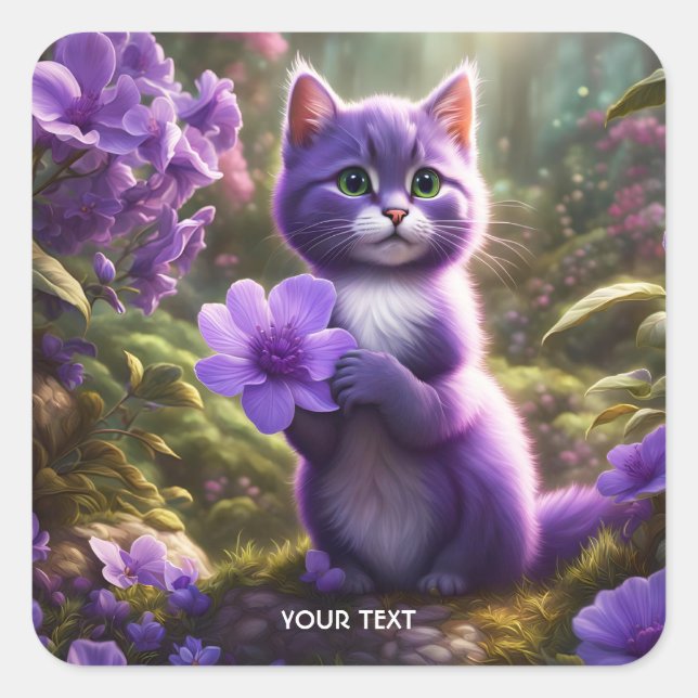 Sticker Carré Fleur Imaginaire mignonne pourpre Kitten (Devant)