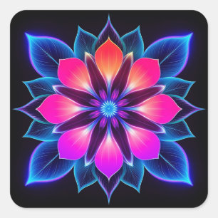Sticker Carré 🌸 Fleur Néon Lumière Bleue Art Abstrait Glow 🌸
