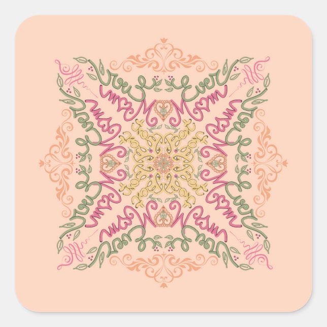Sticker Carré Fleur pastel pêche Script kaléidoscopique Meilleur (Devant)